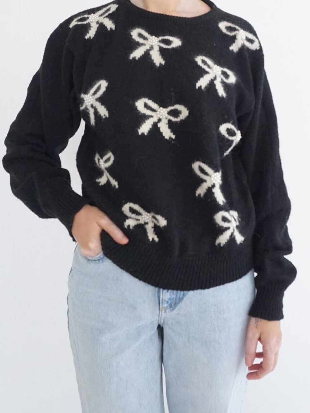 Vintage Christina Grant Black Bow Pearl Embellished Knit Sweater Coquette L